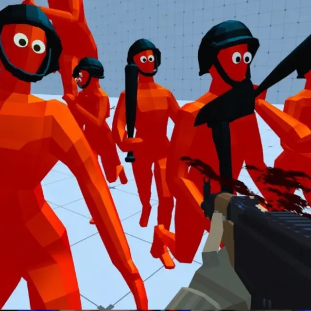 Crowd of orange helmeted figures with clubs rushing at a rifle held in first person