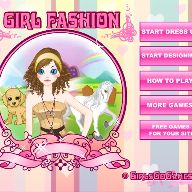 Cartoon girl in a bedroom next to a pink wardrobe of clothes, with a horse and puppy on the menu
