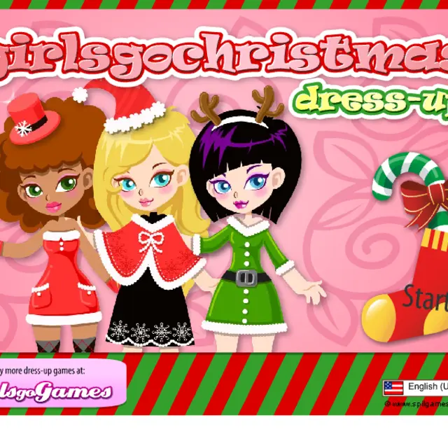 Three cartoon friends in Santa hats and reindeer ears next to a candy-cane stocking
