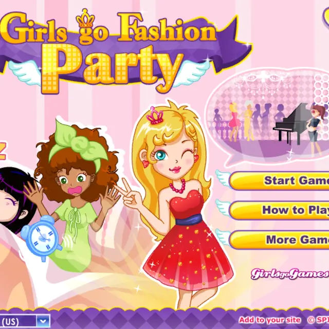Blonde girl in a red party dress winking while her sleepy friends wake up to an alarm clock