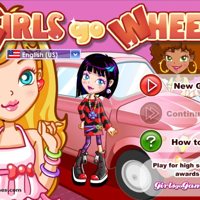 Three cartoon girls posing in front of a pink car on the title screen