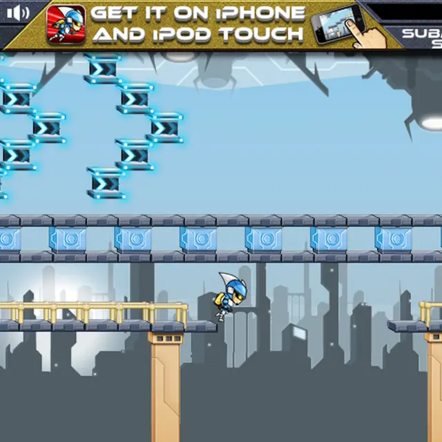 Gravity Guy runner in blue armour on a metal walkway with floating girders above and a white guard chasing from the left