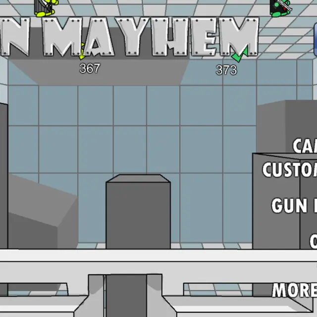Gun Mayhem main menu over a grey rooftop arena with two small armed fighters