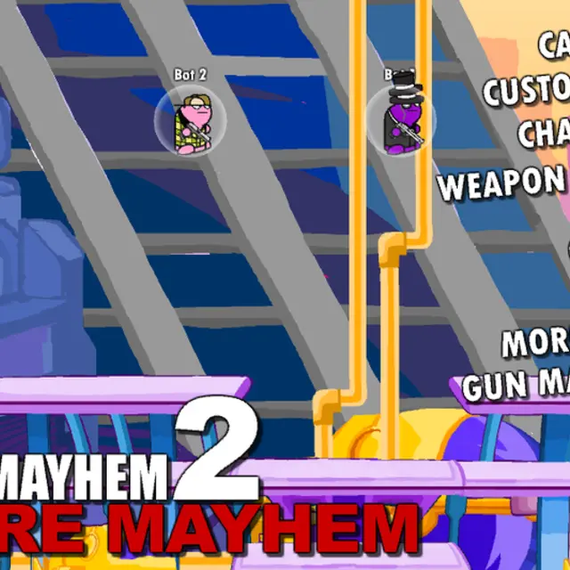 Gun Mayhem 2 More Mayhem title with a menu and fighters on snowy steel platforms