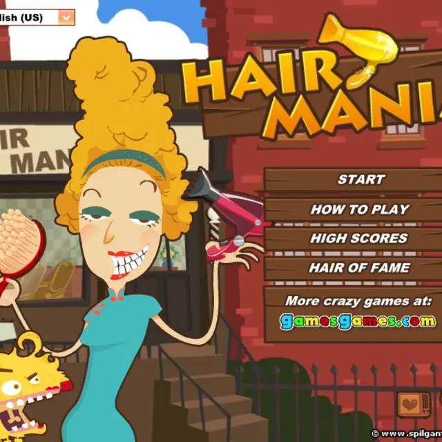 Stylist with a towering orange beehive holding a brush and hair dryer outside her salon