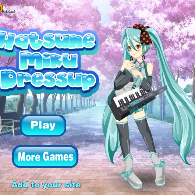 Anime girl with long turquoise twin tails holding a keyboard under cherry blossom trees
