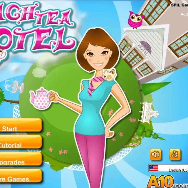 Smiling hostess holding a teapot in front of a hotel on a small green planet