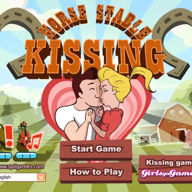 Cartoon cowboy and cowgirl kissing inside a big heart under a horseshoe sign