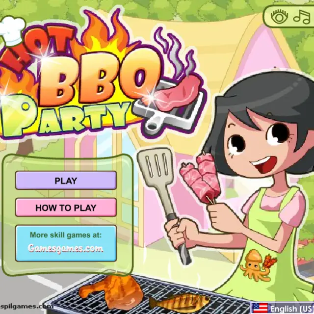Cheerful cook with a spatula and skewer above a flaming grill with chicken and fish
