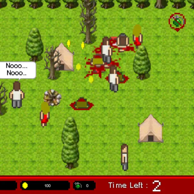 Infectonator forest camp level with pixel zombies biting campers among tents and trees and a biohazard cursor