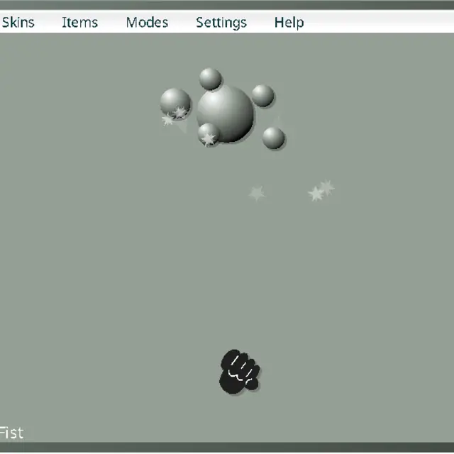 Interactive Buddy: a grey ball-shaped figure knocked into the air by a black fist cursor, with the menu bar on top