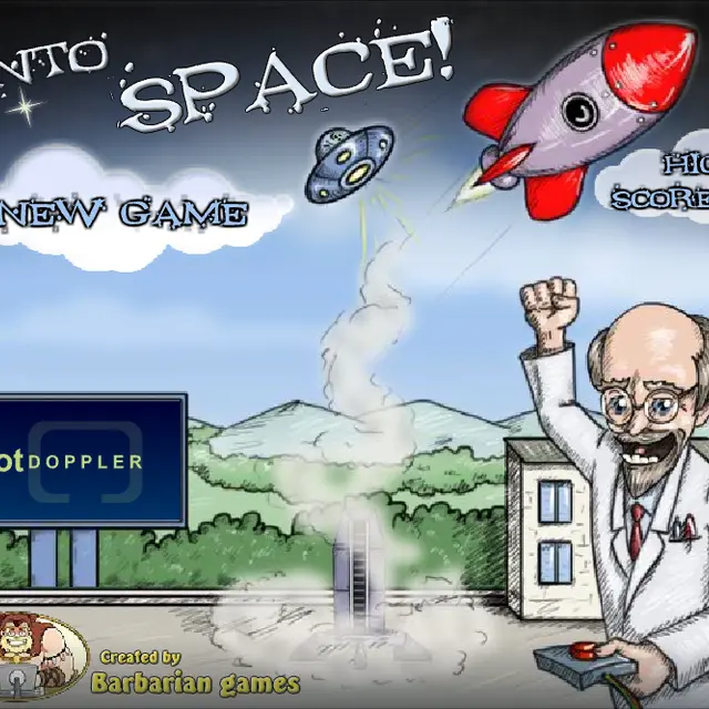 Into Space title screen with a red and grey rocket, a flying saucer and a cheering scientist holding a launch button