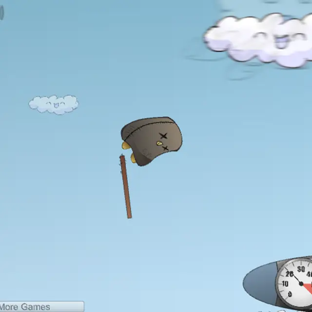 Learn to Fly 2 penguin gliding through a pale blue sky beside clouds and a falling wooden plank