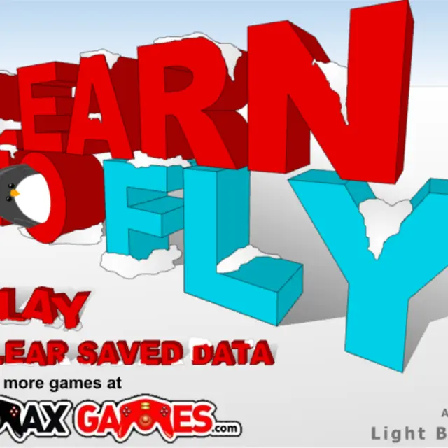 Learn to Fly title screen with big red and blue snowy letters and a penguin peeking out
