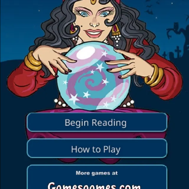 Fortune teller in a red headscarf holding her hands over a starry crystal ball