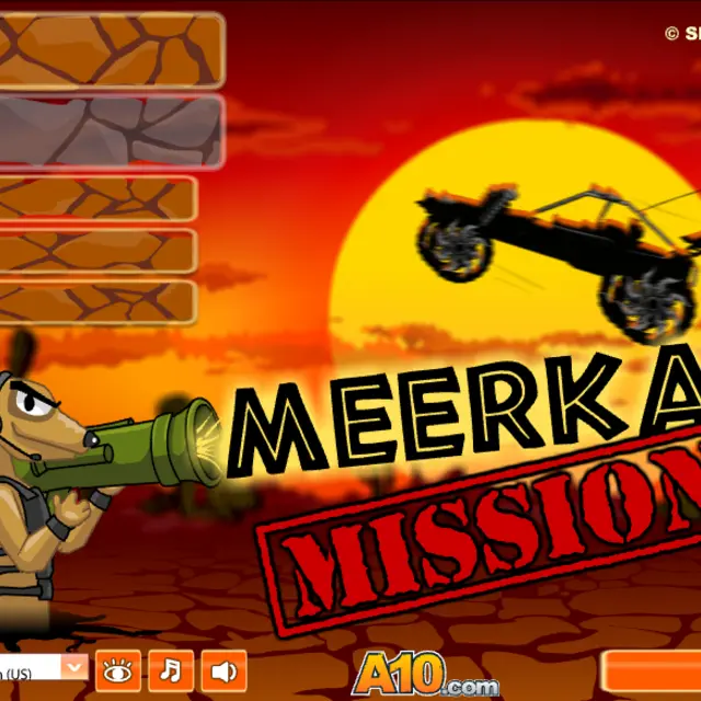 Meerkat soldier with a headset holding a bazooka in front of a desert sunset and a buggy