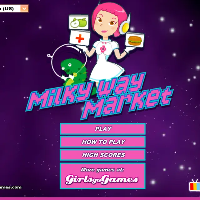 Pink-haired girl in a white space uniform with a small green alien in a starry shop
