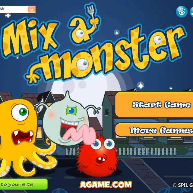 Cartoon monsters under a full moon beside the Mix a Monster title