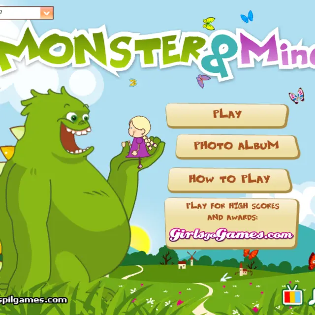 Green monster holding Mindy in his hand in front of the game menu