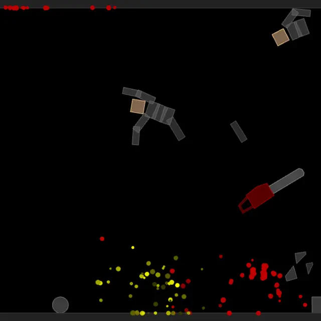 Mutilate-a-Doll dark room with grey ragdolls flung against the walls, a chainsaw mid-air and red dots on the floor