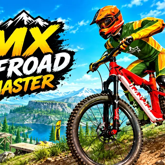 Motocross rider on a red mountain bike speeding down a grassy hillside trail