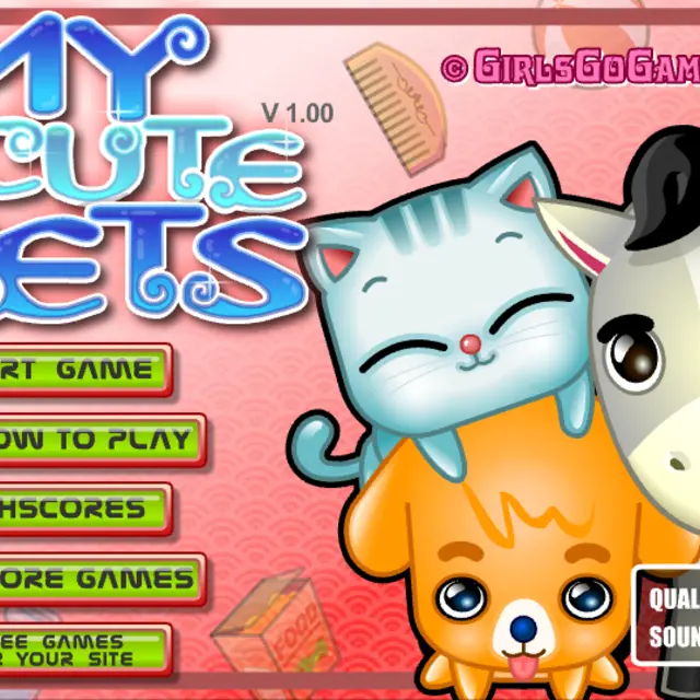 Blue kitten, orange puppy and grey pony next to the My Cute Pets menu