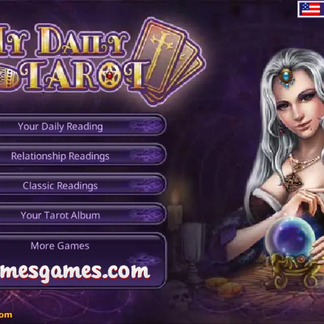 Silver-haired tarot reader beside a glowing crystal ball and a candle in a purple room