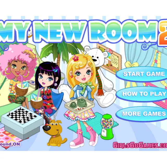 Three cartoon girls with a teddy bear and a puppy in a decorated bedroom