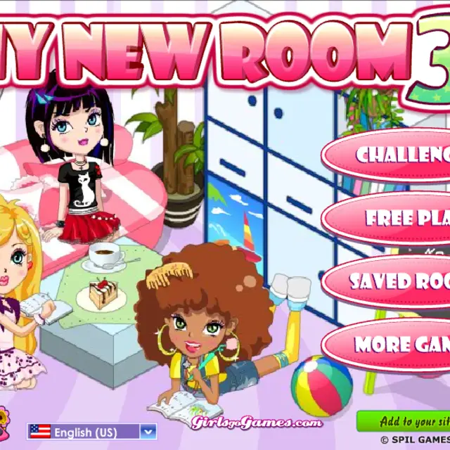 Three girls relaxing on a pink sofa beside the My New Room 3 menu