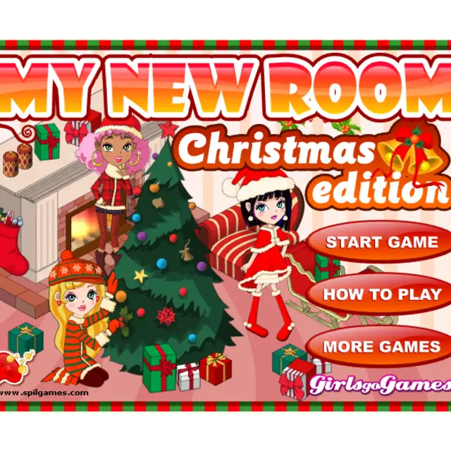 Three girls in Santa outfits beside a Christmas tree and fireplace