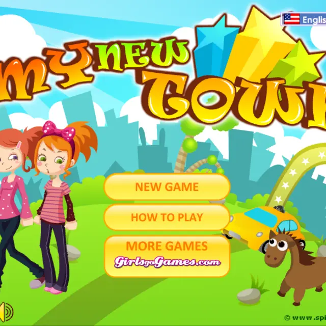 Two red-haired girls, a pony and a taxi in front of the My New Town logo