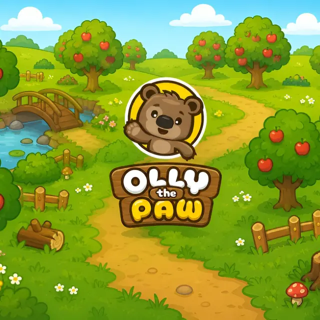 Small bear pilot beside a broken plane on a colourful island with fruit trees