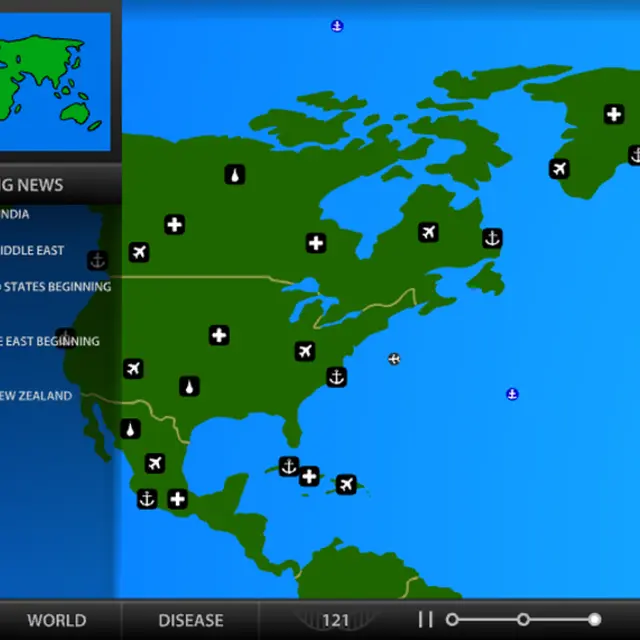 Pandemic 2 world map with airport, port and hospital icons beside a breaking news feed about the spreading disease