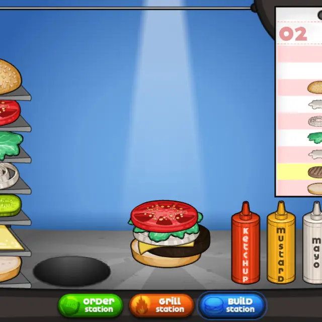 Papa's Burgeria build station with a burger topped with tomato and lettuce beside ketchup, mustard, mayo and BBQ bottles