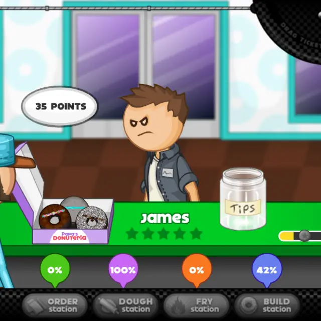 Papa's Donuteria customer James next to a box of three iced donuts, 35 points