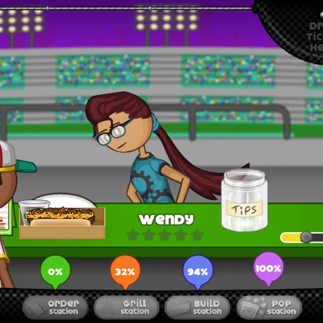 Papa's Hot Doggeria counter in a floodlit stadium, a chili cheese dog with Fizzo pop and four station scores