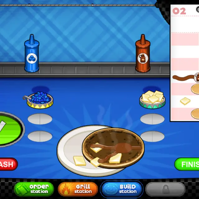 Papa's Pancakeria build station with a pancake stack topped with butter pads and chocolate syrup