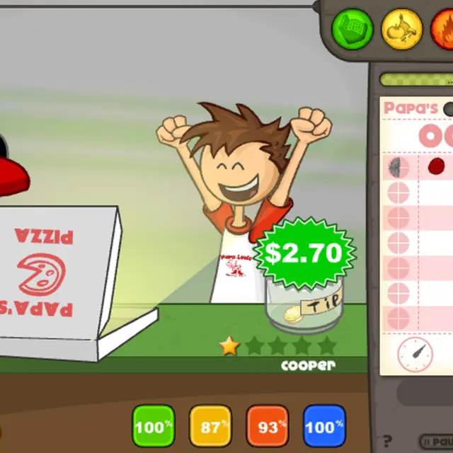 Papa's Pizzeria customer cheering with a $2.70 tip and four station scores under a pizza box