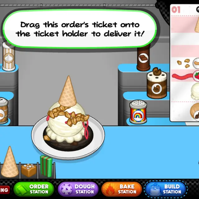 Papa's Scooperia build station showing a cookie sundae with vanilla ice cream, crushed peanuts, strawberry syrup and a waffle cone