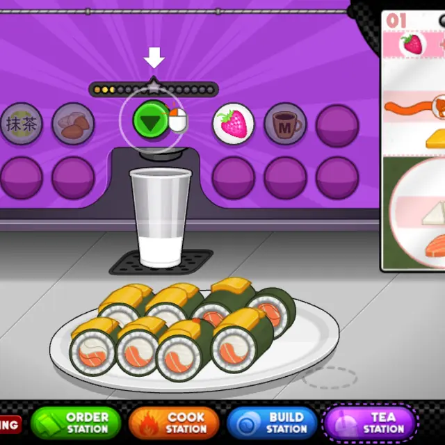 Papa's Sushiria tea station with a plate of eight salmon and mango sushi pieces in front of the bubble tea machine