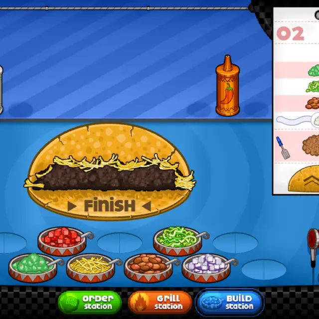 Papa's Taco Mia build station with a hard taco full of beef and cheese above bins of toppings