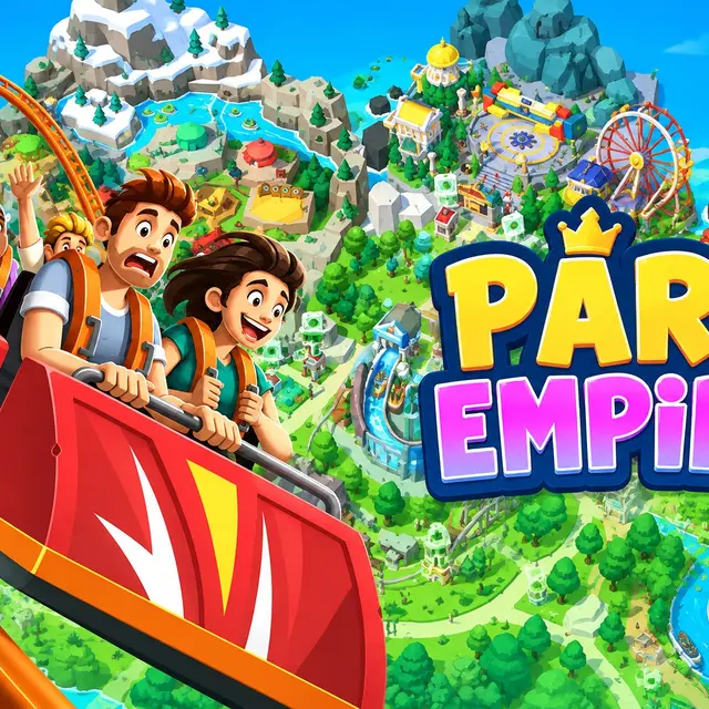 Excited riders on a red roller coaster above a colourful island amusement park