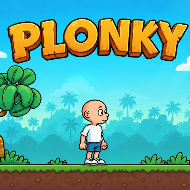 Bald cartoon boy standing on grass beside a curved palm tree