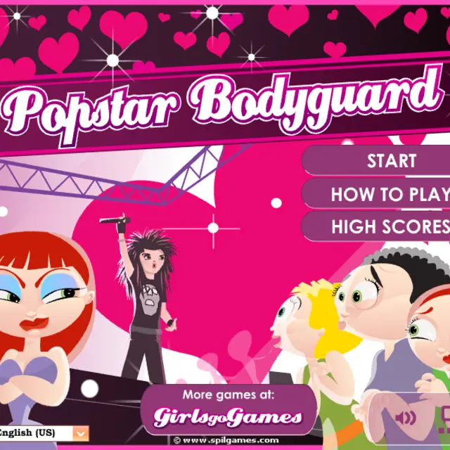 Cartoon redhead bodyguard beside a spiky-haired popstar and a crowd of screaming fans