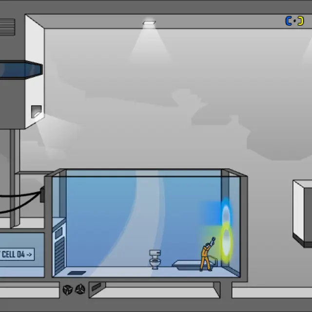 Portal The Flash Version test chamber with a blue and a yellow portal inside the glass starting cell