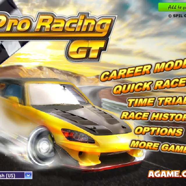 Yellow sports car drifting past a chequered flag on the Pro Racing GT title screen