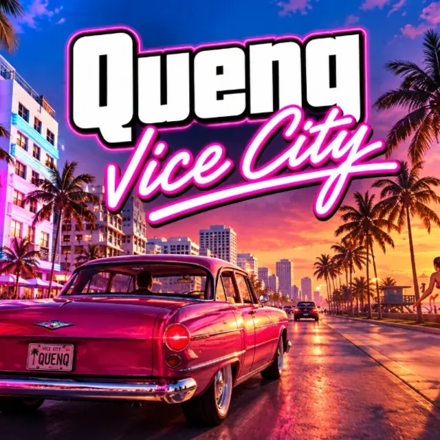 A palm-lined 1980s coastal city street with a sports car at sunset