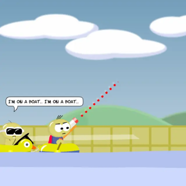Raft Wars 2: Simon in sunglasses on a duck float singing next to his brother aiming in a pool