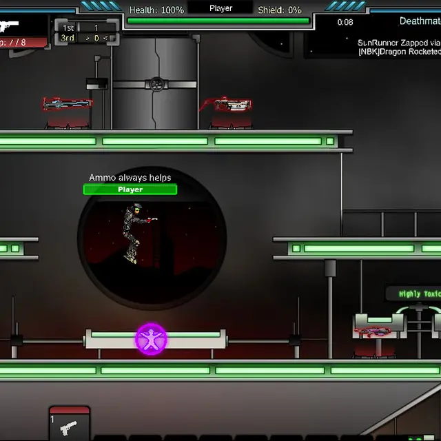 Raze deathmatch on a toxic plant deck with an armoured soldier double jumping between green lit platforms