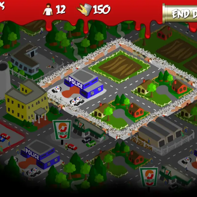 Rebuild isometric city map with a walled fort, a police station, a warehouse and zombie-filled streets around it